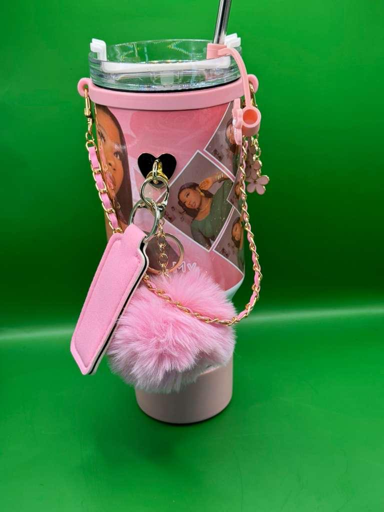 Chic Pink Tumbler personalized with Lanyard, Tag, and Plush Pom-Pom