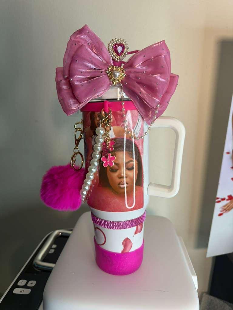 Chic Pink Tumbler personalized with Lanyard, Tag, and Plush Pom-Pom