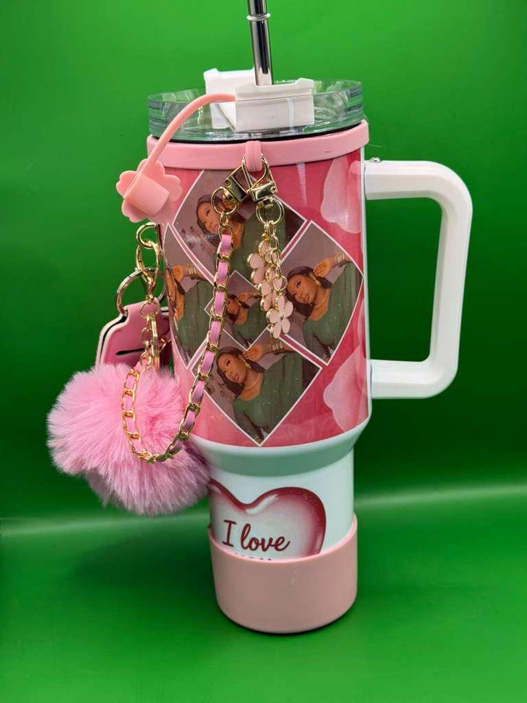 Chic Pink Tumbler personalized with Lanyard, Tag, and Plush Pom-Pom