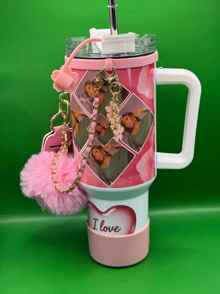 Chic Pink Tumbler personalized with Lanyard, Tag, and Plush Pom-Pom