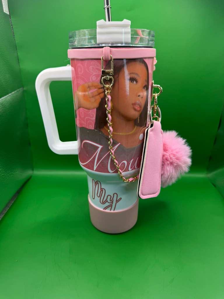 Chic Pink Tumbler personalized with Lanyard, Tag, and Plush Pom-Pom