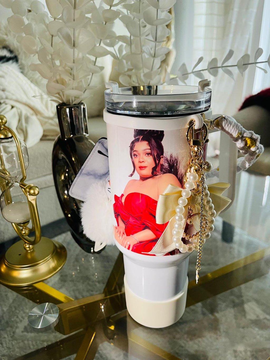 Chic Pink Tumbler personalized with Lanyard, Tag, and Plush Pom-Pom