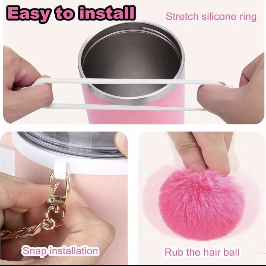 Chic Pink Tumbler personalized with Lanyard, Tag, and Plush Pom-Pom