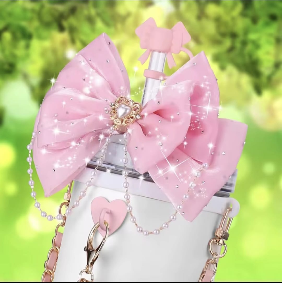 Chic Pink Tumbler personalized with Lanyard, Tag, and Plush Pom-Pom