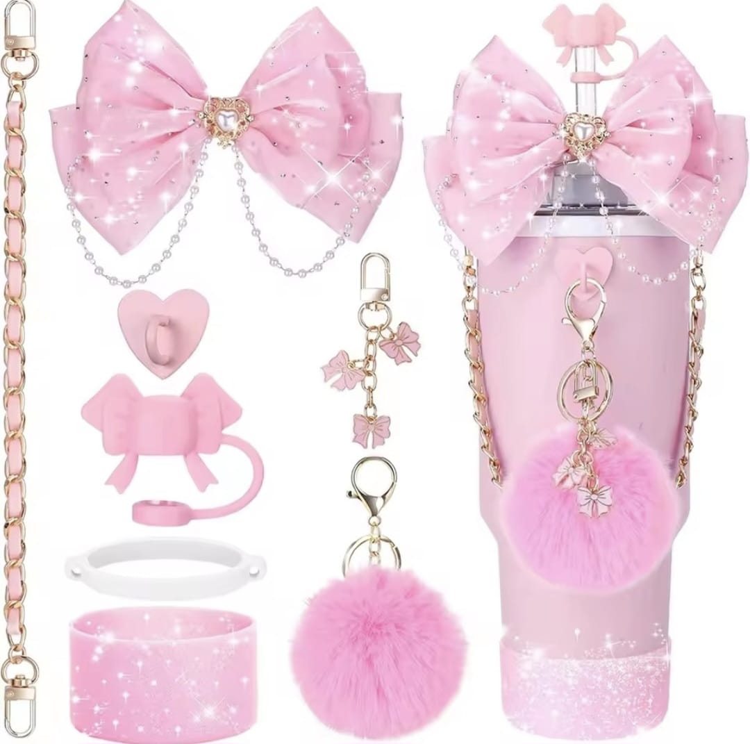 Chic Pink Tumbler personalized with Lanyard, Tag, and Plush Pom-Pom