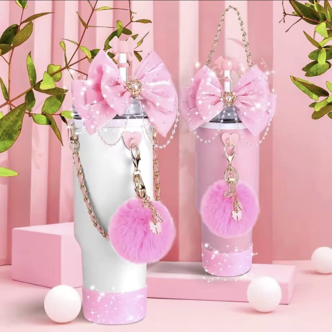 Chic Pink Tumbler personalized with Lanyard, Tag, and Plush Pom-Pom